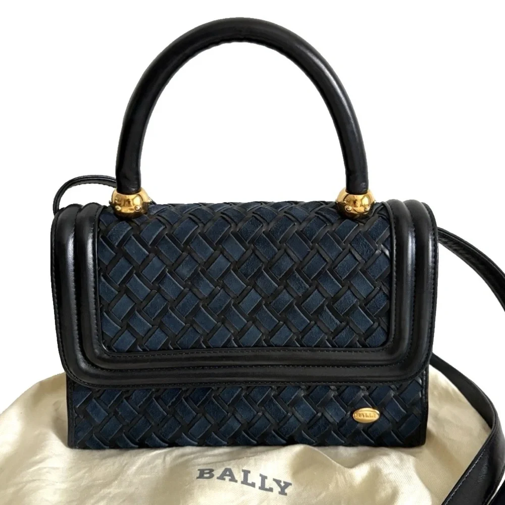 Vintage Bally top handle quilted leather navy Crossbody handbag from Japan - Picture 5 of 16